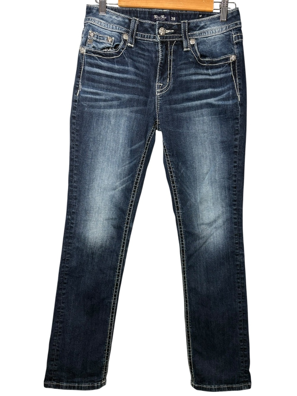 MISS ME | Mid-Rise Straight Stretch Dark Wash Jean 28 Horseshoe Cowboy Boots Hat - Picture 3 of 16
